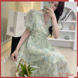 Đầm Hoa Nhí Ngắn Tay Kiểu Vạt Chéo Cúc Sườn Xám
