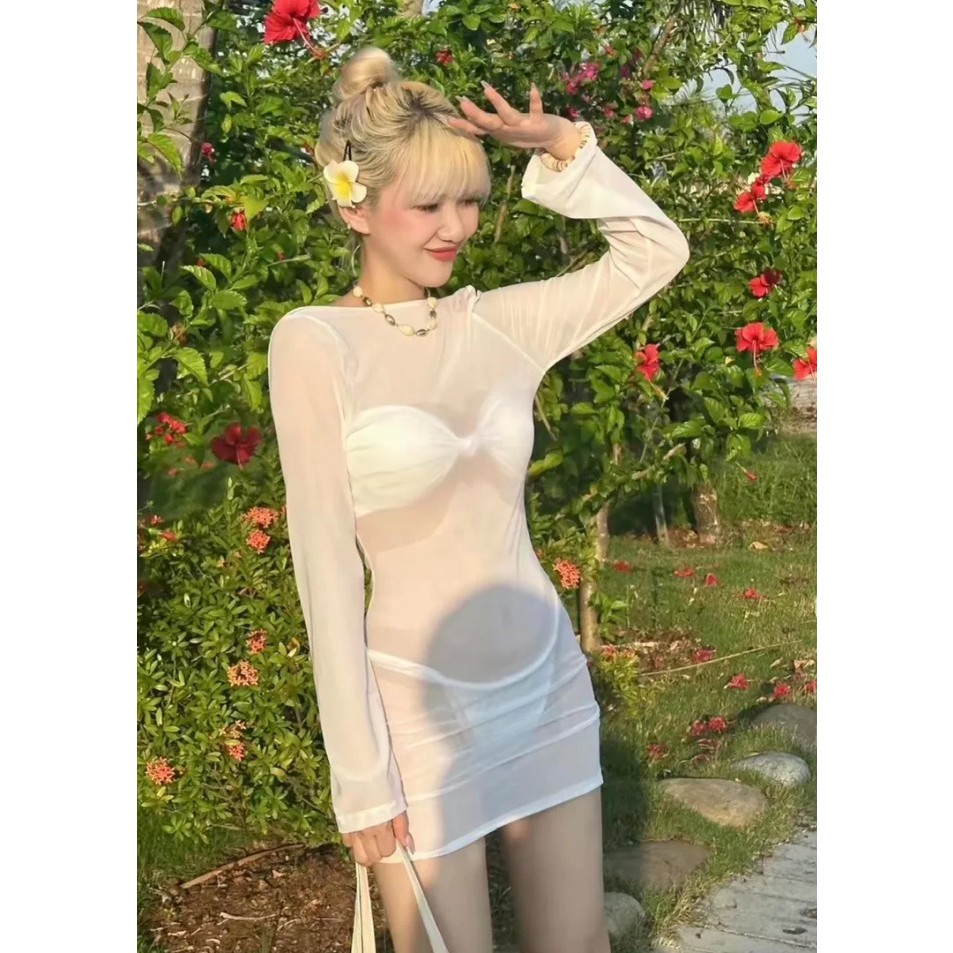 Áo váy lưới tay loe co giãn tôn body xuyên thấu mặc ngoài bikini đi biển. Có thể mặc 2 kiểu ( KHÔNG KÈM BIKINI) - Mã M02 | BigBuy360 - bigbuy360.vn
