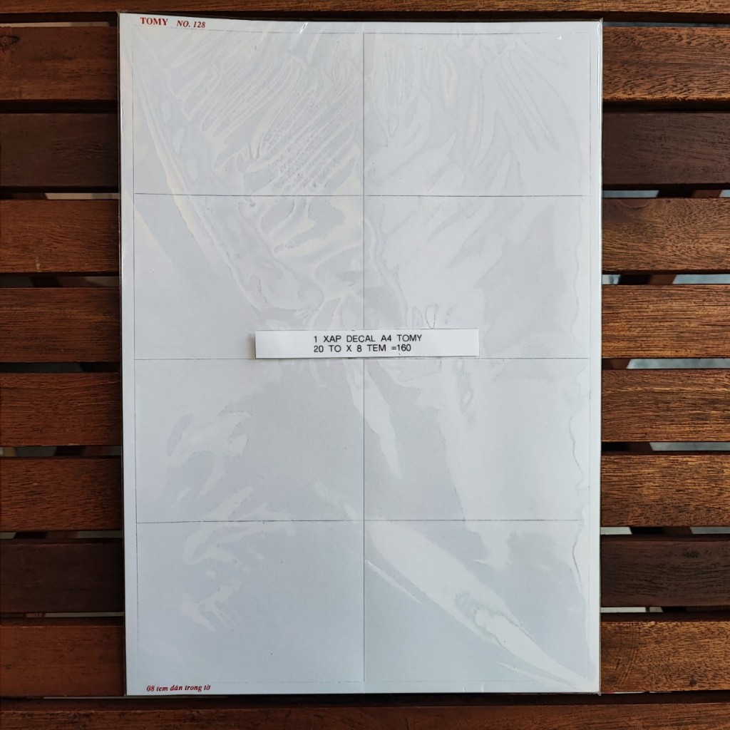 01 xấp Giấy Decal A4 TOMY Mã-128 bế sẵn 8 tem (kích thước: 100 x 72mm) 160 tem sử dụng cho máy in Ph