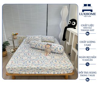Bộ Chăn Ga Gối 4 Món Cotton Luxhome Đũi Hữu Cơ In Hoa Chần Bông, Khô Tự Nhiên, Không Co Rút, Chống Bạc Màu