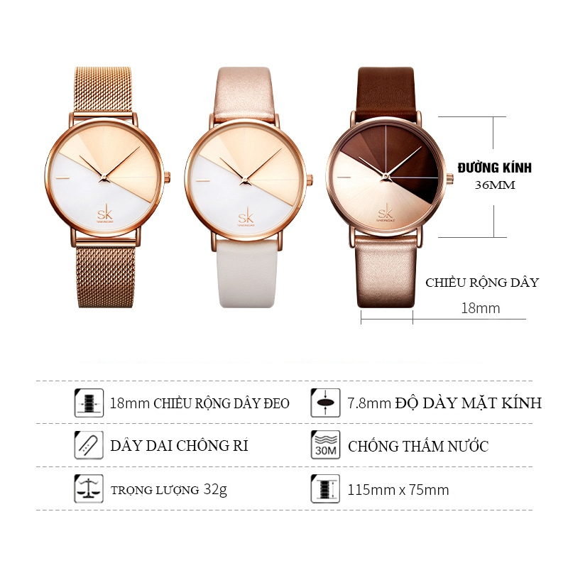 Đồng hồ nữ mặt kính cường lực chống trầy, dây da pu, đồng hồ đeo tay kiểu dáng hiện đại SK 0095 GD899 | BigBuy360 - bigbuy360.vn