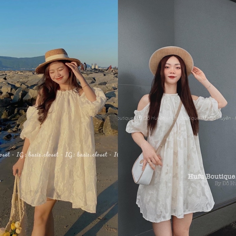 Váy Nữ, Váy Ren Tơ Hoa Cổ Yếm Hở Vai Tay Bồng Hàng 2 Lớp Phong Cách Tiểu Thư Siêu Xinh