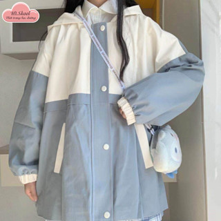Áo khoác gió dù nữ Harajuku JK 2 lớp form rộng có mũ trùm oversize màu xanh phong cách học sinh Nhật Bản mã A00070