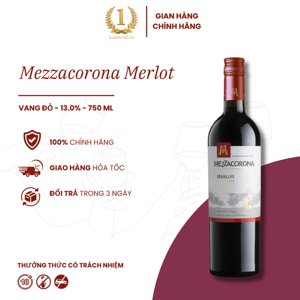 Rượu Vang Đỏ Ý Mezzacorona Merlot DOC Nho Merlot Thượng Hạng 13.0% Chai 750ML, Rượu Vang Hà Nội