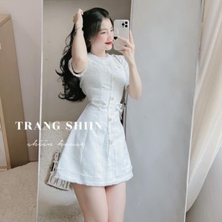Đầm thời thượng cổ tròn tay ngắn đính nút ngọc dáng đầm ngắn chữ A xinh