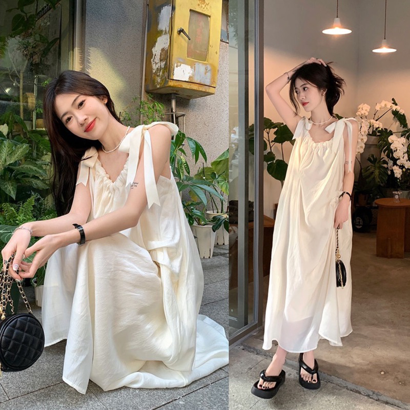 Váy nữ, Váy Maxi Tơ 2 Lớp Buộc Nơ Siêu Xinh, Đầm Maxi Đi Biển Dáng Dài Siêu Xinh