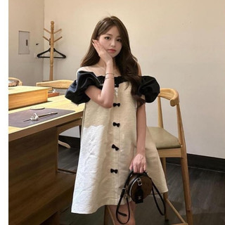Váy Gấm Phối Tay Tacta Đen Kèm Nơ Siêu Xinh, Đầm Nữ Tiểu Thư Dáng Suông (váy có túi sườn) C34