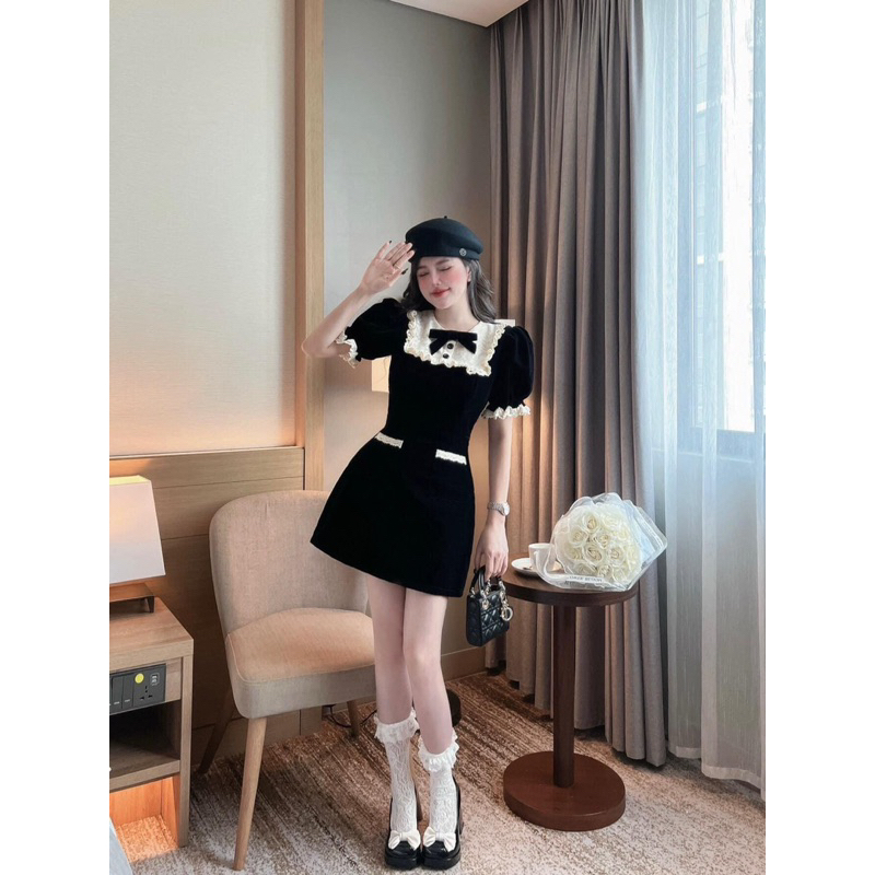 Váy Nữ, Váy Nhung Tay Bồng Phối Ren Nơ Ngực Phong Tiểu Thư Siêu Xinh | BigBuy360 - bigbuy360.vn