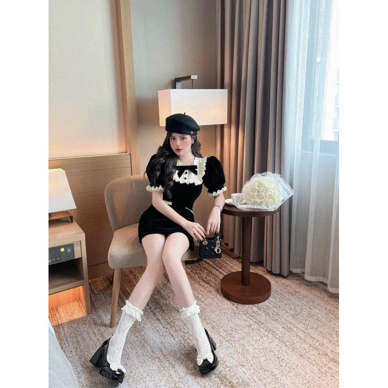 Váy Nữ, Váy Nhung Tay Bồng Phối Ren Nơ Ngực Phong Tiểu Thư Siêu Xinh | BigBuy360 - bigbuy360.vn