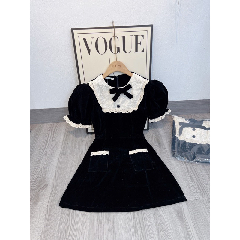 Váy Nữ, Váy Nhung Tay Bồng Phối Ren Nơ Ngực Phong Tiểu Thư Siêu Xinh | BigBuy360 - bigbuy360.vn