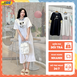 Váy cotton dáng suông đầm cổ tròn tay ngắn Chà Neo có kèm phụ kiện C&H Clothing