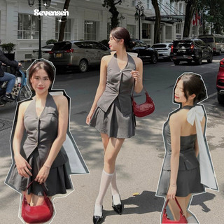 Set áo gile cổ yếm nơ sau kèm chân váy Sevensen Set292_P4K15
