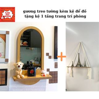 Gương treo tường trang điểm viền gỗ. Gương nhà tắm kèm kệ để đồ hàng có sẵn kèm quà tặng kệ gỗ 1 tầng  decor trang trí
