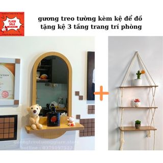 tặng kệ gỗ decor 3 tầng , Gương trang điểm treo tường viền gỗ ,gương nhà tắm có kệ để đồ size 25x50cm
