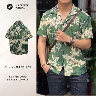 Áo Sơ Mi Cuban nam Green Flower Ngắn Tay MK CLEVER Chất liệu đũi mềm mịn, thoáng mát, chống nhăn, form rộng hằng ngày