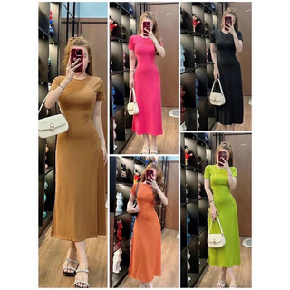 Đầm body xoè dáng A vải thun gân có xẻ tà 1 bên. Đ3