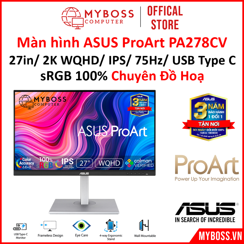 [Hàng Chính Hãng] Màn hình ASUS ProArt PA278CV 27in 2K 75Hz IPS USB-C, 100% sRGB Chuyên Đồ Họa,BH36T