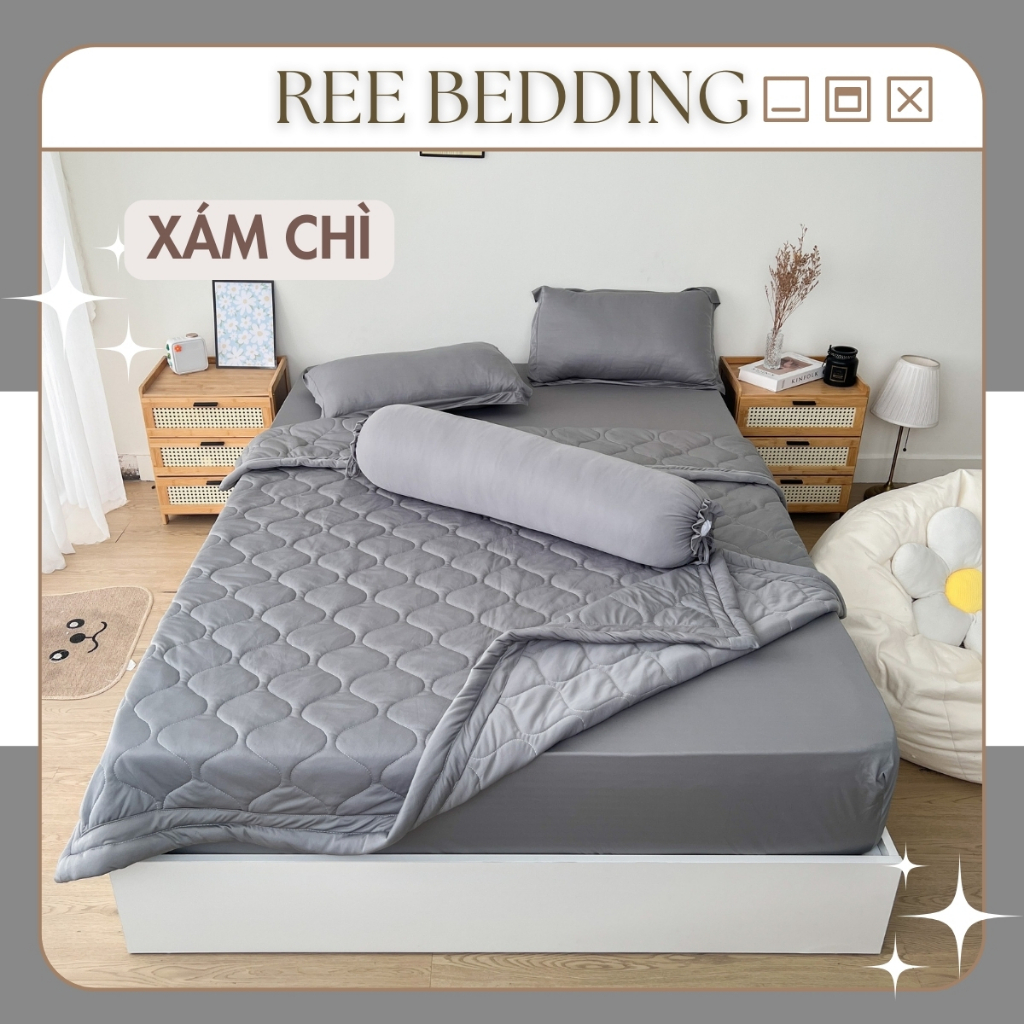 Bộ chăn ga gối chần bông XÁM CHÌ chất thun lạnh REE Bedding TL262 đủ size giường nệm M2