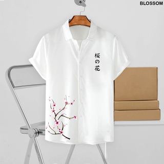 Áo Sơ Mi Họa Tiết Ngắn Tay CHERRY BLOSSOM in hình cao cấp, chất lụa gân chéo mềm, trẻ trung, cá tính