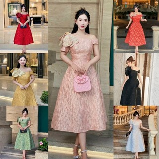 Đầm xoè kim tuyến lệch vai nơ rời - TKO TẶNG HOA TAI