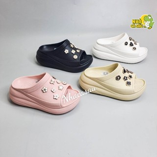 Dép quai ngang cross crush slide nữ cao 7 phân tặng 10 Jibbitz charm, dép lê cross crush bản ngang to đế bánh mỳ cao 7cm