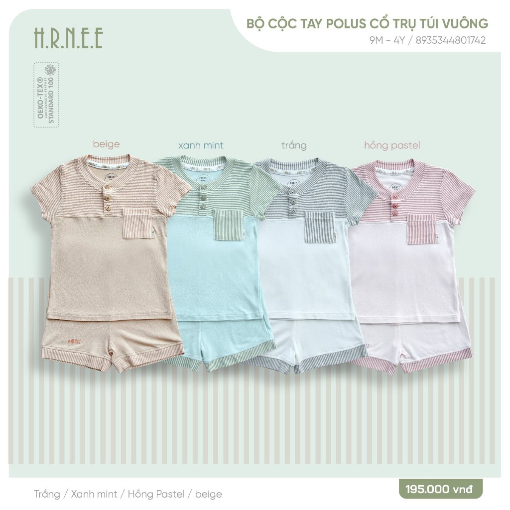 [Hrnee/Chính Hãng] Bộ cộc tay cổ trụ, túi vuông Hrnee cho bé trai, bé gái size 6M-48M
