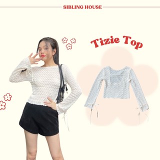  2024 Áo thun chất vải xốp dài tay cổ tròn thắt nơ tay xinh xắn và cuốn biên gấu áo Tizie Top-Sibling House