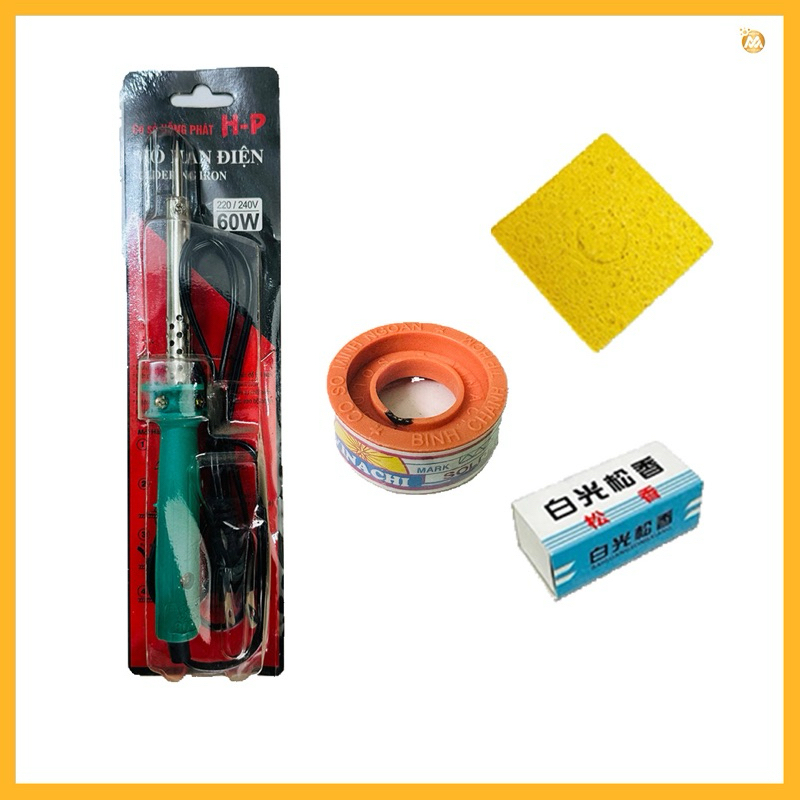 Combo 4 món mỏ hàn 60w + phụ kiện (chì hàn, nhựa thông và bọt biển) dành cho sinh viên