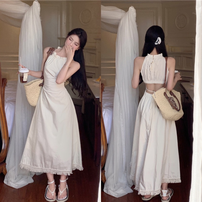 Váy Nữ, Đầm Maxi Cổ Yếm Khoét Eo Đan Dây Sau Tua Rua Hàng 2 Lớp, Váy Đi Biển Dáng Dài Siêu Xinh | BigBuy360 - bigbuy360.vn