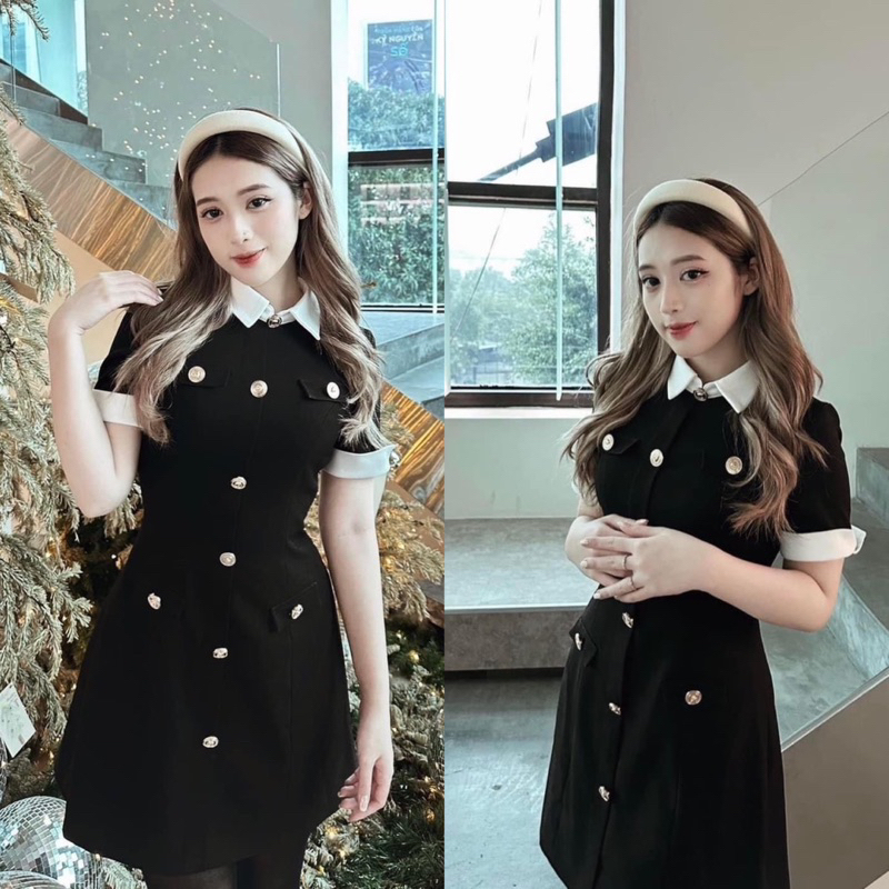 Váy Nữ, Váy Dạ Đen Cổ Đức Tay Phối Trắng Khuy Dọc Hàng 2 Lớp Phong Cách Tiểu Thư Siêu Xinh