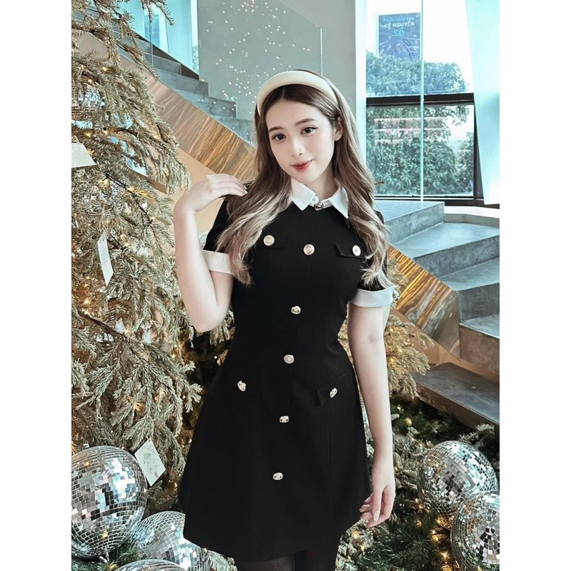 Váy Nữ, Váy Dạ Đen Cổ Đức Tay Phối Trắng Khuy Dọc Hàng 2 Lớp Phong Cách Tiểu Thư Siêu Xinh | BigBuy360 - bigbuy360.vn