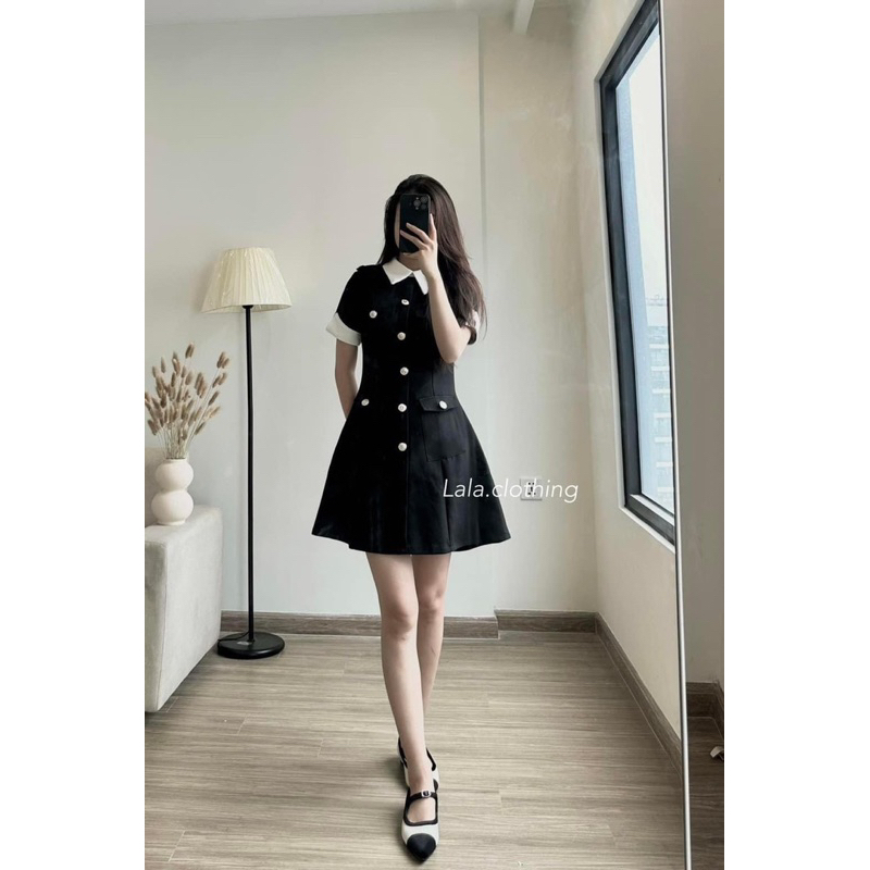 Váy Nữ, Váy Dạ Đen Cổ Đức Tay Phối Trắng Khuy Dọc Hàng 2 Lớp Phong Cách Tiểu Thư Siêu Xinh | BigBuy360 - bigbuy360.vn