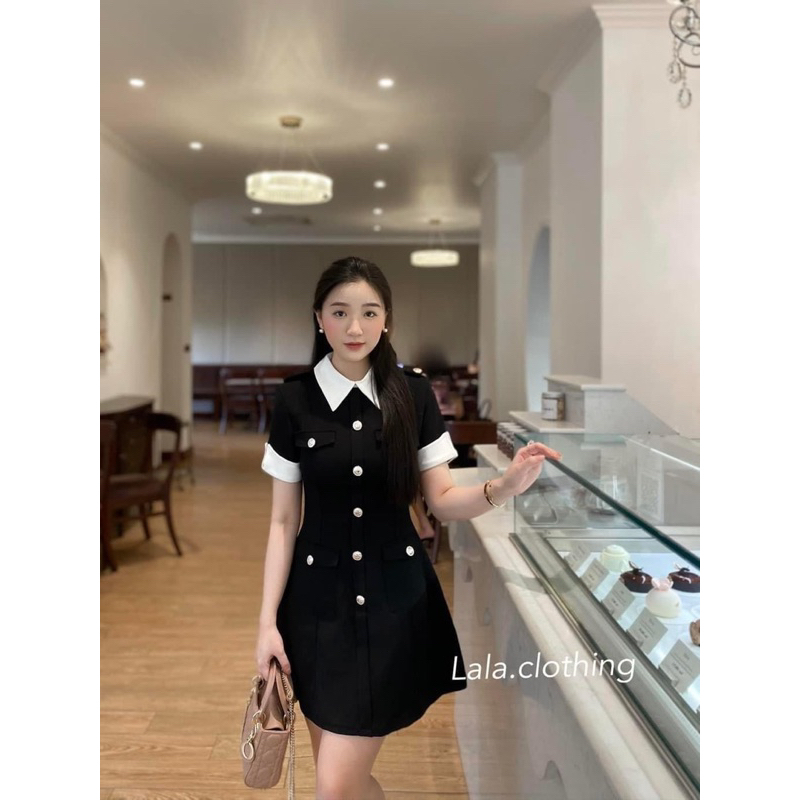 Váy Nữ, Váy Dạ Đen Cổ Đức Tay Phối Trắng Khuy Dọc Hàng 2 Lớp Phong Cách Tiểu Thư Siêu Xinh | BigBuy360 - bigbuy360.vn