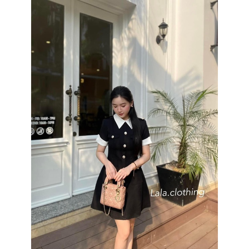 Váy Nữ, Váy Dạ Đen Cổ Đức Tay Phối Trắng Khuy Dọc Hàng 2 Lớp Phong Cách Tiểu Thư Siêu Xinh | BigBuy360 - bigbuy360.vn