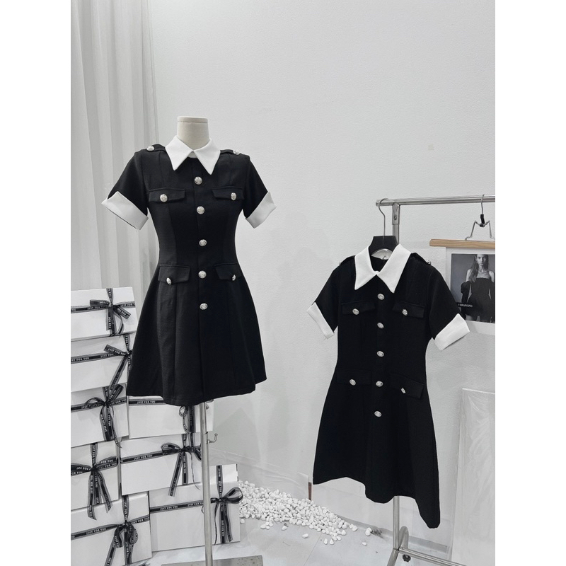 Váy Nữ, Váy Dạ Đen Cổ Đức Tay Phối Trắng Khuy Dọc Hàng 2 Lớp Phong Cách Tiểu Thư Siêu Xinh | BigBuy360 - bigbuy360.vn