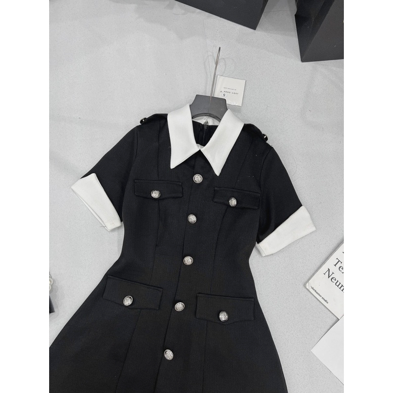 Váy Nữ, Váy Dạ Đen Cổ Đức Tay Phối Trắng Khuy Dọc Hàng 2 Lớp Phong Cách Tiểu Thư Siêu Xinh | BigBuy360 - bigbuy360.vn