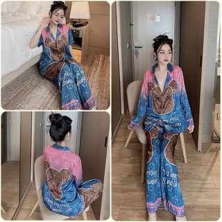 Đồ bộ Pyjama nữ thiết kế in 5D Gấu L.V xanh lụa xước Sam cao cấp