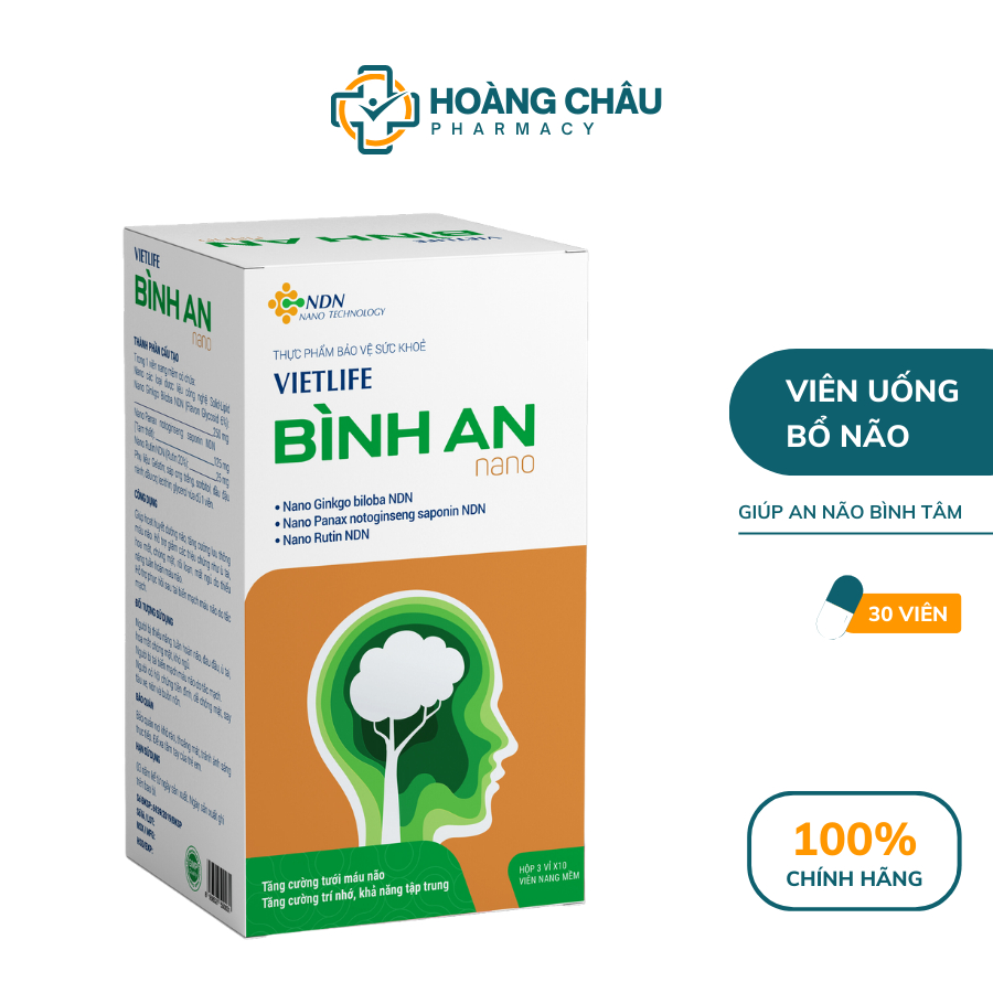 Viên Bổ Não Vietlife Bình An - Giúp An Não Bình Tâm,Tăng Cường Lưu Thông Máu Não (Hộp 30 viên)