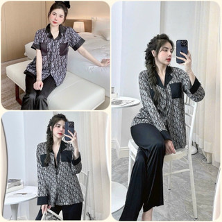 Đồ bộ Pyjama nữ in 5D D.O 2 túi đen hot hit lụa xước cao cấp
