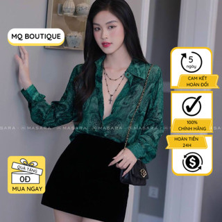 Áo sơ mi tơ đính đá nữ tay dài cao cấp công sở áo sơ mi họa tiết sang trọng nền xanh, áo somi thiết kế MQ Boutique