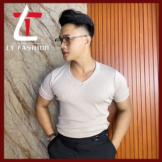 Áo thun nam ngắn tay cổ tim bản to thanh lịch form body vải gân tăm dày giữ form cao cấp