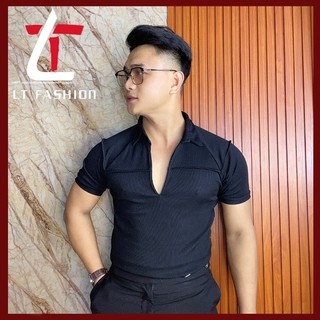 Áo polo nam xẻ ngực cách tân chân cổ sơ mi thun gân tăm giày form body cuốn hút LTFASHION