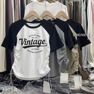 Áo thu nữ kiểu croptop ngực in chữ tay ngắn phối màu dây rút 2 bên eo