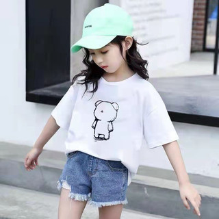 Áo thun cotton tay ngắn JEANBECO, áo phông cổ tròn in hình gấu cho bé gái mặc đi chơi, đi học thoải mái