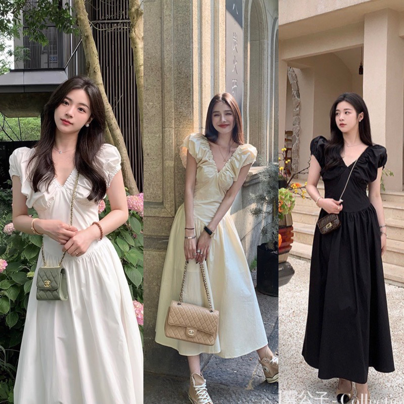 Váy Nữ,  Váy Thô Cổ V Tay Chun Dáng Dài 3 Màu , Đầm Nữ Dáng Xoè Phong Cách Tiểu Thư Siêu Xinh