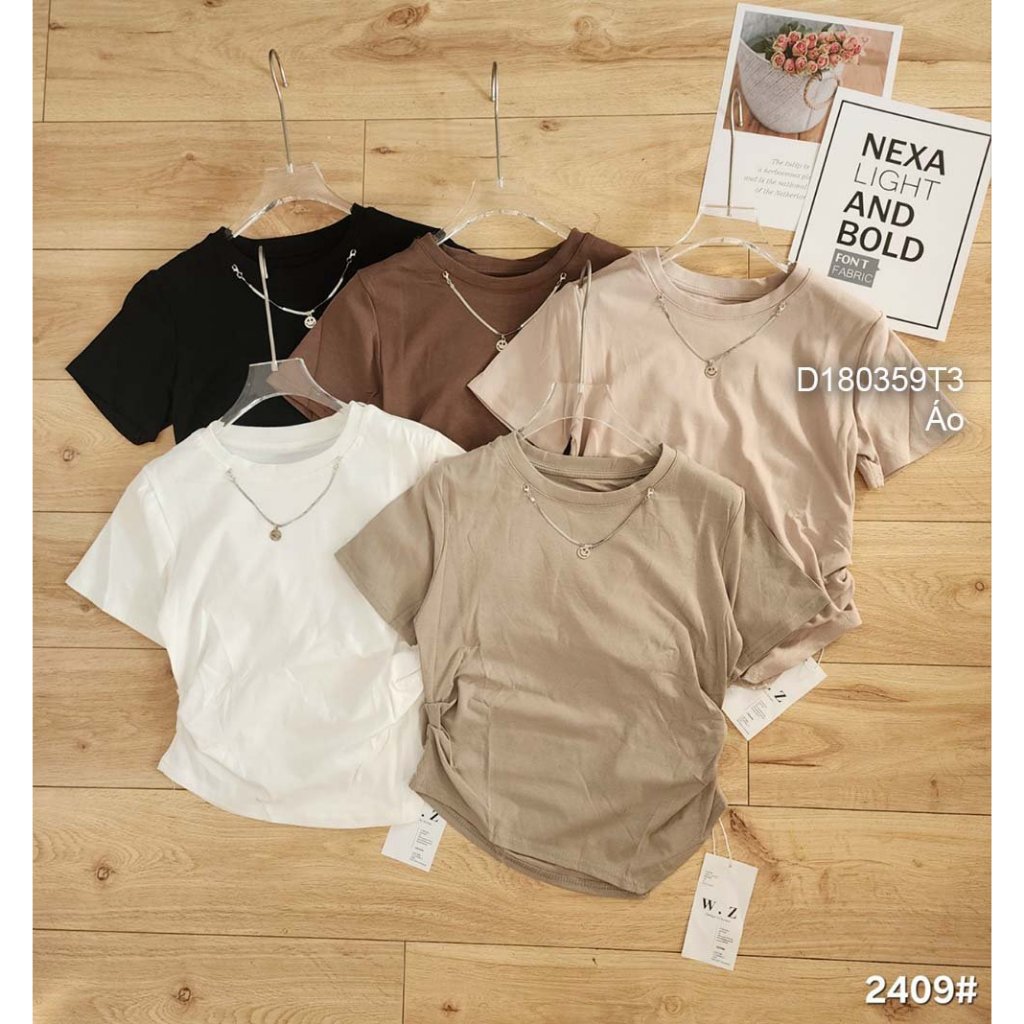 Áo thun croptop cổ tròn đính phụ kiện tay con eo nhún cực xinh