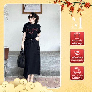 Set đồ nữ áo thun in chữ phối chân váy thô dáng dài thiết kế túi hộp Meistore ST12934