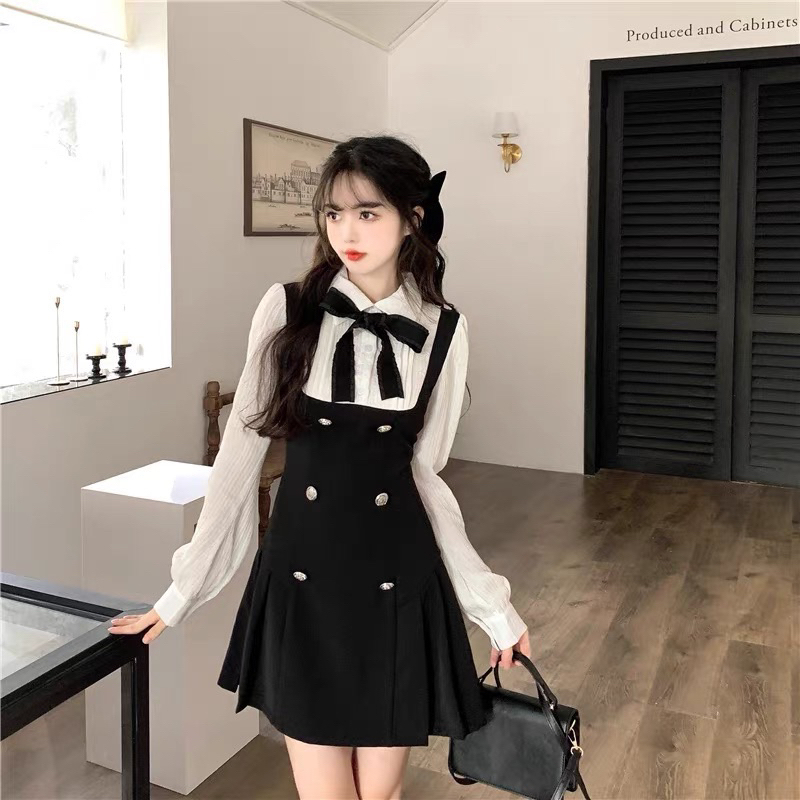 Váy Nữ, Váy Đen Phối Cổ Sơmi Kèm Nơ Tay Dài Phong Cách Tiểu Thư Siêu Xinh | BigBuy360 - bigbuy360.vn