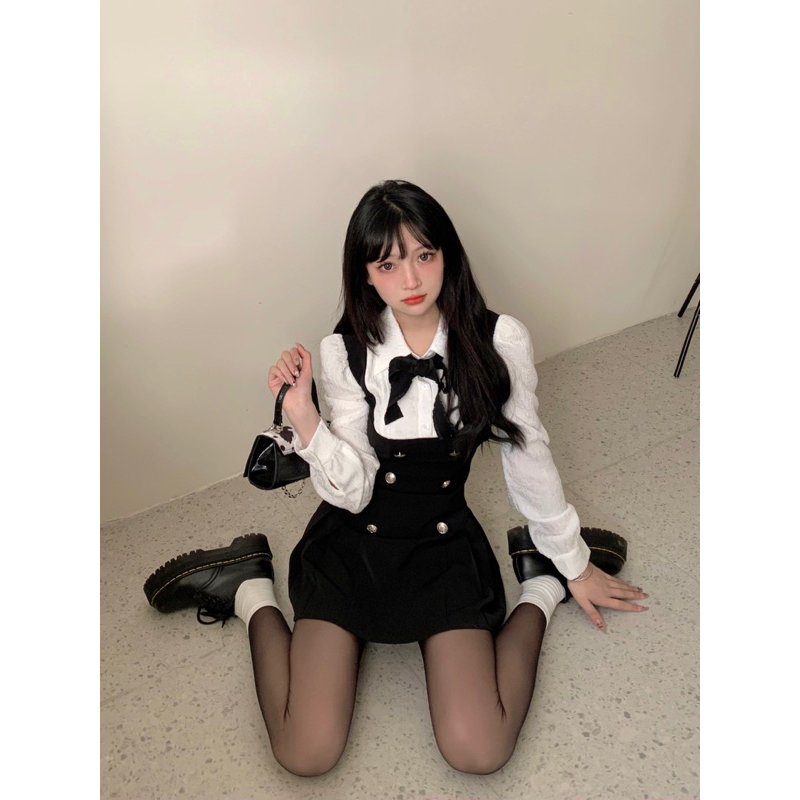 Váy Nữ, Váy Đen Phối Cổ Sơmi Kèm Nơ Tay Dài Phong Cách Tiểu Thư Siêu Xinh | BigBuy360 - bigbuy360.vn