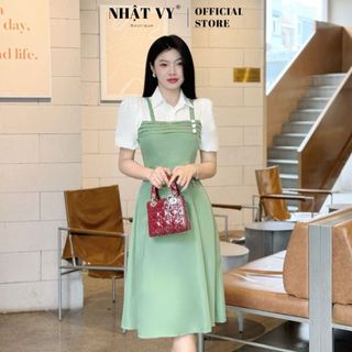 Đầm công sở Nhật Vy cổ sơ mi tay bí ngắn form dáng xoè chất lụa phù hợp đi làm dự tiệc dạo đơn giản thanh lịch - D2993